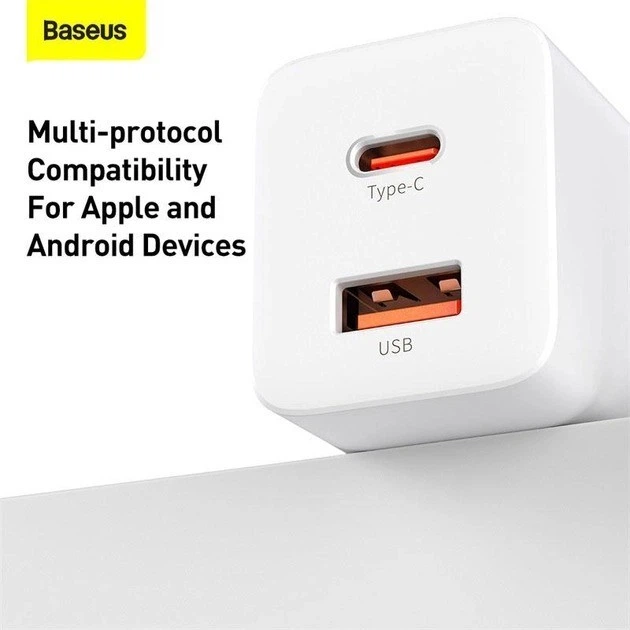 Сетевое зарядное устройство Baseus двойной адаптер USB Type-C QC3.0 PD3.0 с быстрой зарядкой, 30W - Фото 10 Сетевое зарядное устройство Baseus двойной адаптер USB Type-C QC3.0 PD3.0 с быстрой зарядкой, 30W - изображение 10