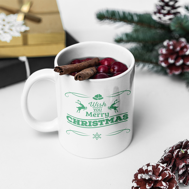 Белая кружка (чашка) с новогодним принтом "Wish you Merry Christmas. Желаю вам счастливого Рождества" Push IT - изображение 2