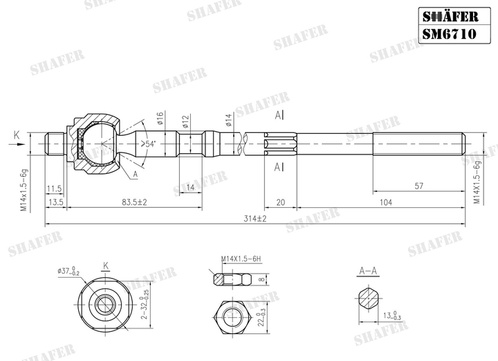 Рулевая тяга Shafer SM6710 Renault Clio I, Symbol, -98, (L=315mm), (M14xM14) - изображение 2