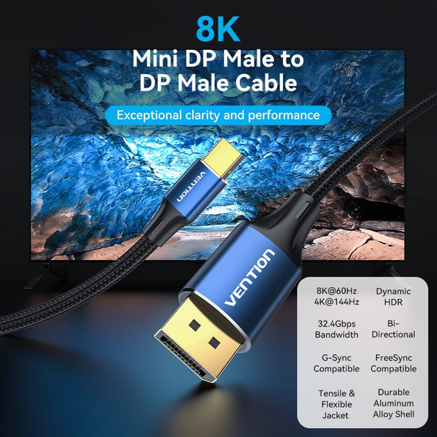 Кабель Vention mini DisplayPort - DisplayPort v1.4 1.5m Black, 8K 60 Hz, 4K 144Hz, 2K 165Hz, 1080P 240Hz (HCFLG) - изображение 2