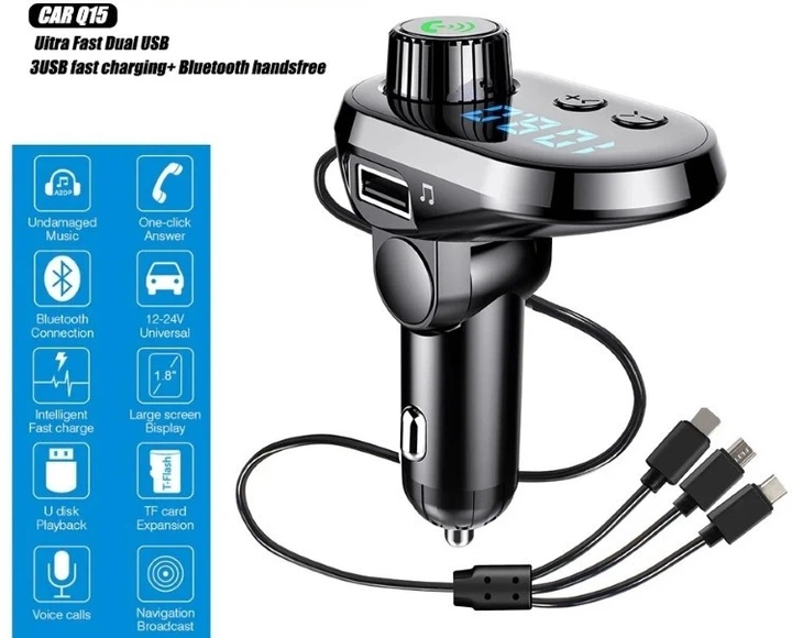 Трансмітер FM MOD CAR Q15 модулятор для авто із зарядкою typeC/microUSB/Lightning Bluetooth Чорний - Фото 8 Трансмітер FM MOD CAR Q15 модулятор для авто із зарядкою typeC/microUSB/Lightning Bluetooth Чорний - зображення 8
