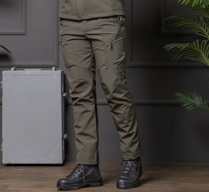 Мужские брюки Soft-shell на флисе с высокой посадкой олива / ветрозащитные и водонепроницаемые M - изображение 1