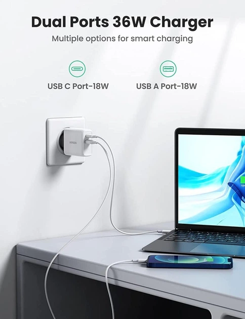 Сетевое зарядное устройство Ugreen USB C 36 Вт двухпортовый блок питания PD 3.0 и QC 3.0 White (YM940) - Фото 6 Сетевое зарядное устройство Ugreen USB C 36 Вт двухпортовый блок питания PD 3.0 и QC 3.0 White (YM940) - изображение 6