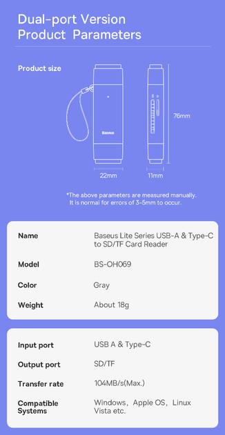 Картридер Baseus Lite Series USB-A 3.0 & Type-C to SD/microSD Gray - зображення 9