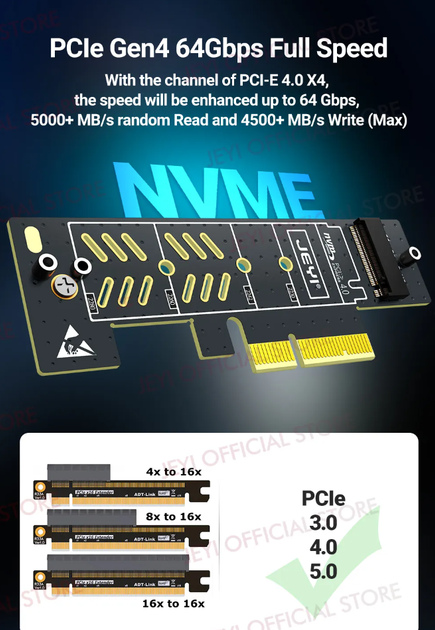 Перехідник Адаптер PCI-E на SSD M.2 NVMe JEYI Starfish PCIе 4.0/3.0 X4 X8 X16 з алюмінієвим радіатором - зображення 2