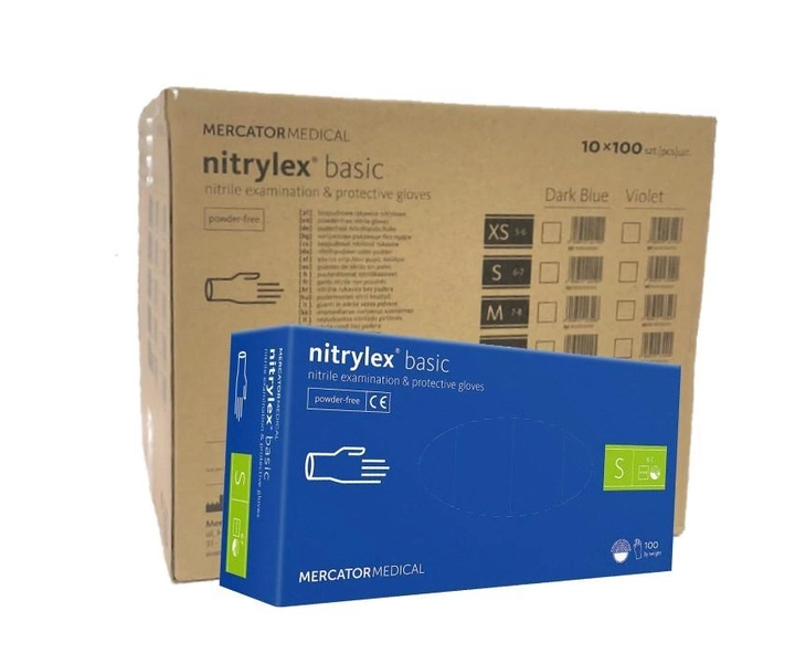 Перчатки синие Nitrylex basic нитриловые неопудренные S (ящик 10 пачок) - изображение 1