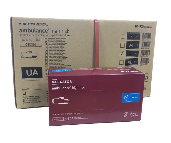 Перчатки синие Ambulance High Risk латекс повышенной прочности M RD10011003 (Ящик 10 пачок) - изображение 1