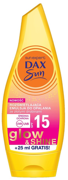 Сонцезахисна емульсія Dax Sun Glow&Shine із золотими частинками SPF 15 175 мл (5900525071958) - зображення 1