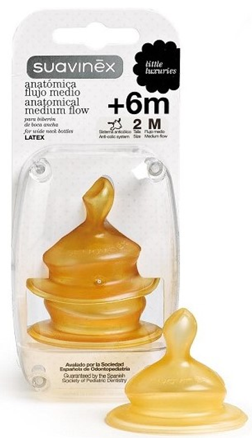 Силіконова соска Suavinex Anatomical Latex Nipple With Wide Mouth M 6 м 2 шт Orifice (8426420004961) - зображення 1