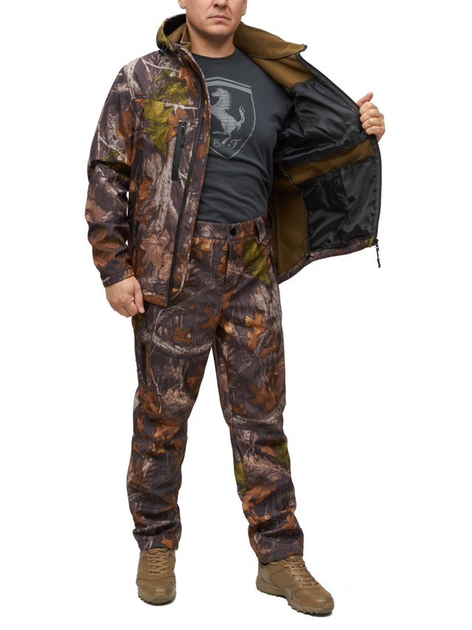 Костюм чоловічий Soft shel на флісі демісезонний куртка демісезонний куртка штани непромокальний Дубовий ліс 48 на блискавці із закритими на замок кишенями для полювання риболовлі - зображення 2