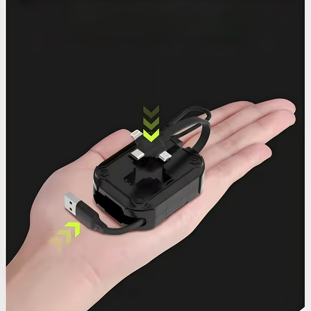Універсальний зарядний кабель рулетка 3в1 100W: USB, Type-C, Lightning, MicroUSB - компактний, чорний - зображення 4