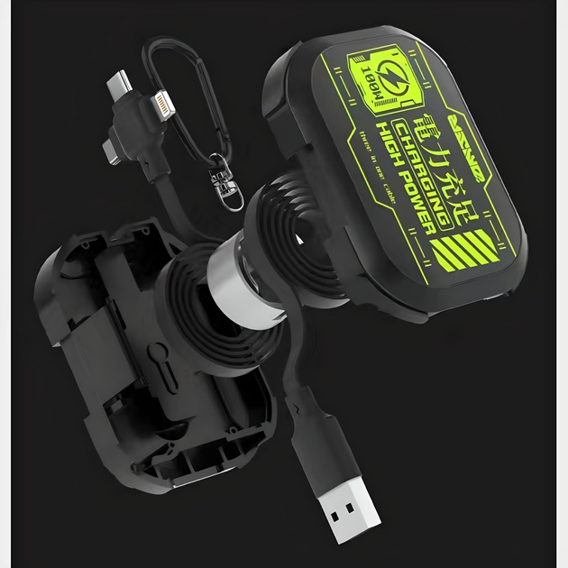 Універсальний зарядний кабель рулетка 3в1 100W: USB, Type-C, Lightning, MicroUSB - компактний, чорний - зображення 8