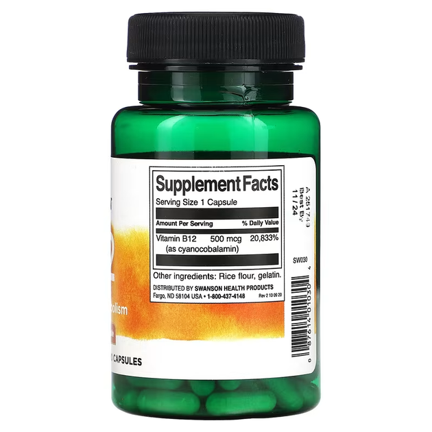 Swanson Витамин В12 (Цианокобаламин) Vitamin B-12 500мкг - 30 капсул - изображение 2