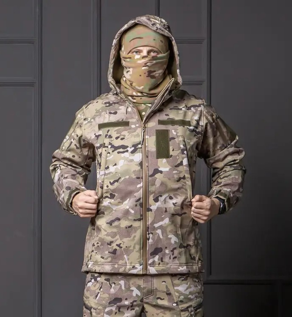 Мужская куртка Softshell мультикам с капюшоном и липучками под водонепроницаемая шеврона 2XL - изображение 1
