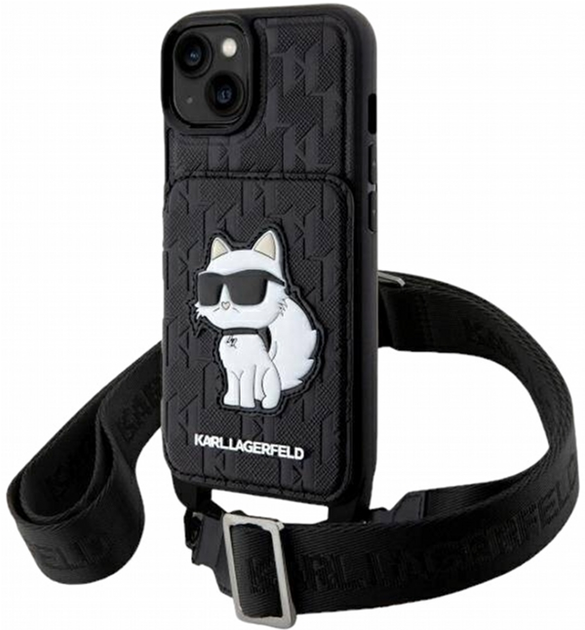 Etui CG Mobile Karl Lagerfeld Crossbody Saffiano Monogram Choupette do Apple iPhone 14 Czarny (3666339123222) - obraz 1