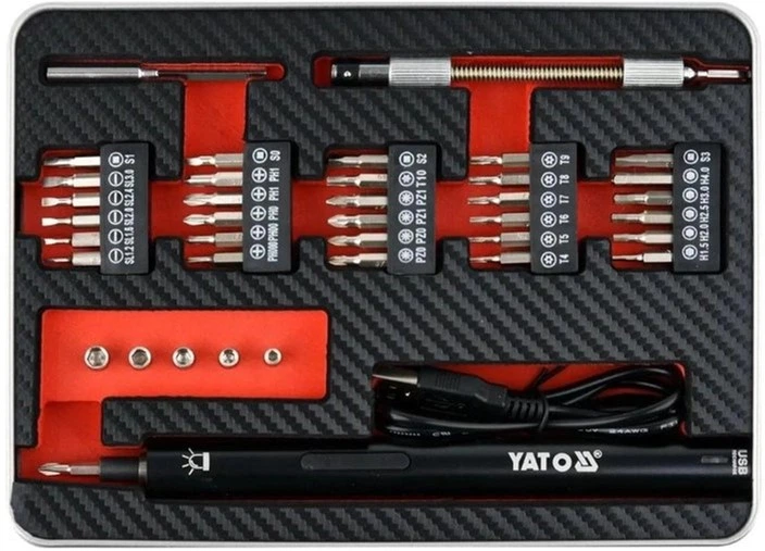 Wkrętarka akumulatorowa z zestawem bitów YATO Li-Ion 3,6 V 450 mAh Podświetlenie LED HEX-1/4" CrV 39 szt. + futerał (YT-27930) - obraz 4