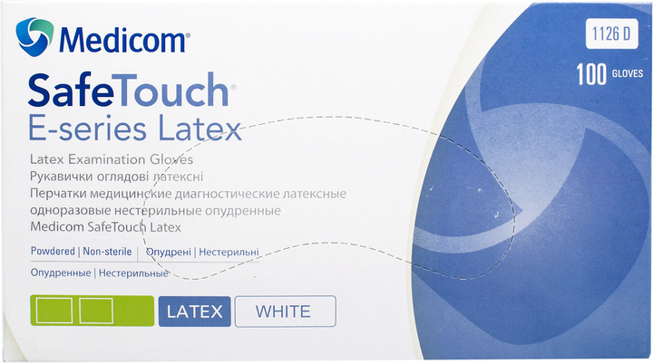 Перчатки смотровые латексные нестерильные Medicom SafeTouch E-series Latex опудренные 50 пар № L (1126-D) - изображение 1