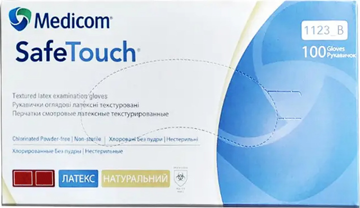 Перчатки смотровые латексные текстурированные, нестерильные Medicom SafeTouch неопудренные 6.4 г 50 пар № S (1123-B) - изображение 1