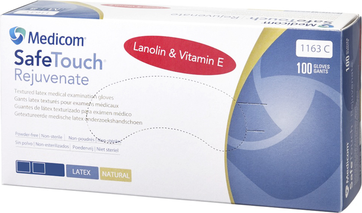 Перчатки смотровые латексные нестерильные Medicom SafeTouch Rejuvenate с ланолином и витамином Е неопудренные 50 пар № M (1163/M) - изображение 1