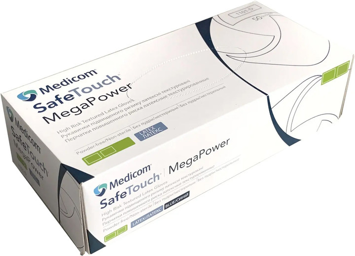 Перчатки медицинские повышенного риска латексные текстурированные, нестерильные Medicom SafeTouch Megapower High risk неопудренные синие 25 пар № XL (1101-E) - изображение 1