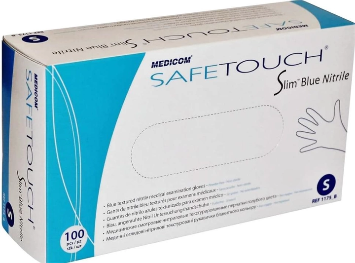 Рукавички оглядові нітрилові нестерильні, текстуровані Medicom SafeTouch Slim Blue неопудрені 4.2 г 50 пар № XS (1175/XS) - зображення 1