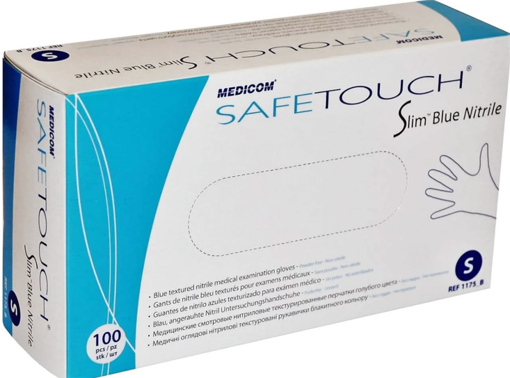 Рукавички оглядові нітрилові нестерильні, текстуровані Medicom SafeTouch Slim Blue неопудрені 4.2 г 50 пар № S (1175/S) - зображення 1