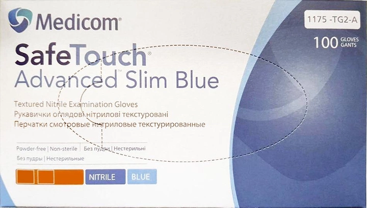 Перчатки смотровые нитриловые текстурированные, нестерильные Medicom SafeTouch Advanced Slim Blue неопудренные 3 г 50 пар № S (1175P2-B) - изображение 1