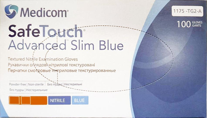 Перчатки смотровые нитриловые текстурированные, нестерильные Medicom SafeTouch Advanced Slim Blue неопудренные 3 г 50 пар № XL (1175P2-E) - изображение 1