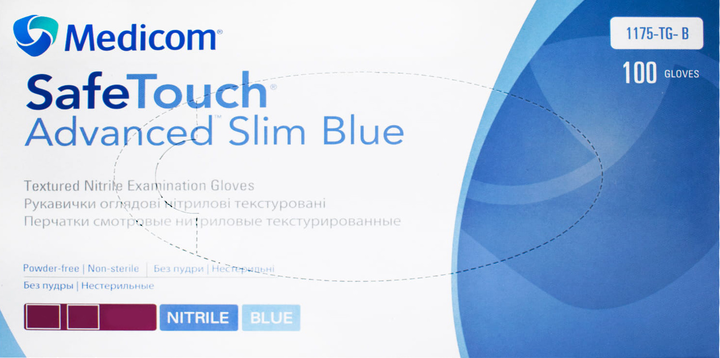 Рукавички оглядові нітрилові текстуровані, нестерильні Medicom SafeTouch Advanced Slim Blue неопудрені 3.6 г 50 пар № XS (1175P-A) - зображення 1