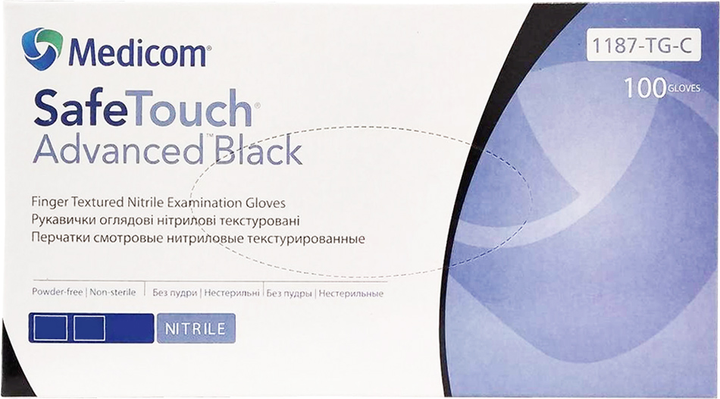 Перчатки смотровые нитриловые текстурированные, нестерильные Medicom SafeTouch Advanced Black неопудренные 3.3 г черные 50 пар № M (1187P-C) - изображение 1