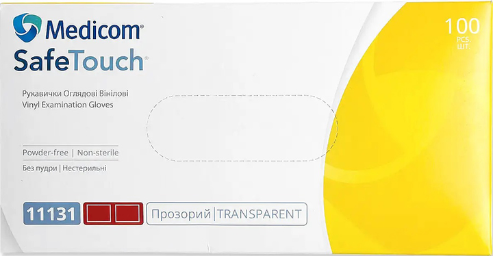 Перчатки смотровые виниловые нестерильные Medicom SafeTouch неопудренные прозрачные 50 пар № XL (11131-D) - изображение 1