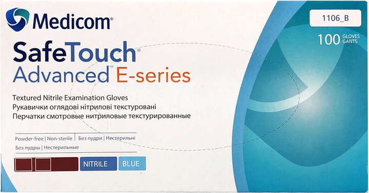 Перчатки смотровые нитриловые нестерильные Medicom SafeTouch E-series неопудренные 2.8 г голубые 50 пар № L (1106/L) - изображение 1
