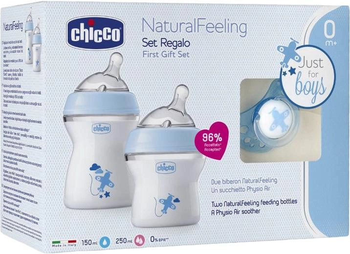 Набір для годування Chicco NaturalFeeling Соска Physioforma Comfort + Пляшечка 150 мл + Пляшечка 250 мл Блакитний (8058664153671) - зображення 1