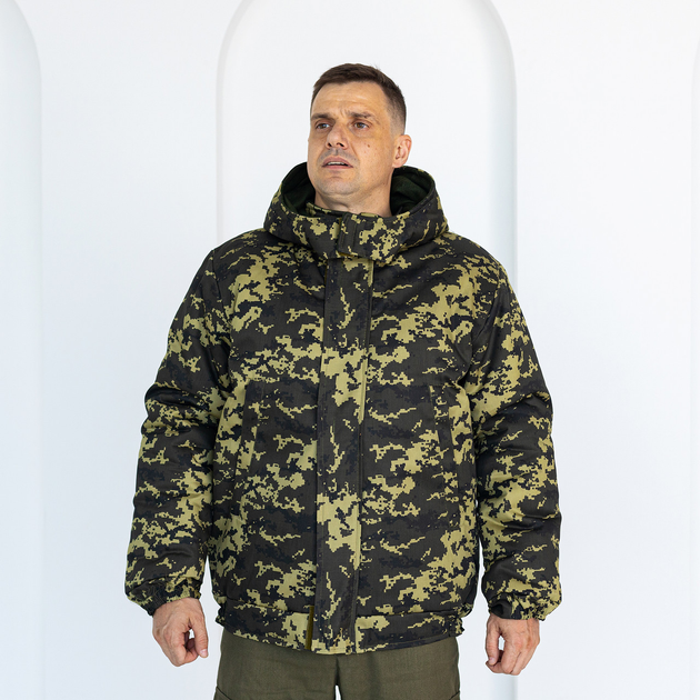 Бушлат зимний темный Пиксель с капюшоном, мужская зимняя камуфляжная куртка на резинке 58 - изображение 1
