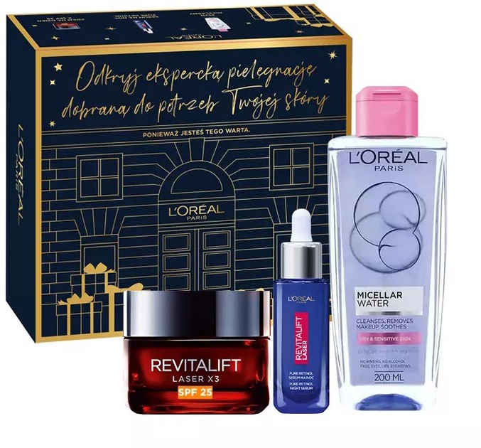 Набір L'oreal Paris revitalift laser нічна сироватка 30 мл + денний крем SPF 25 50 мл + міцелярний лосьйон 200 мл (5907245859927) - зображення 1