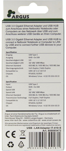 Adapter Argus USB 2.0/3.0/Typ C do RJ45 LAN z hubem USB (88885440) - obraz 4