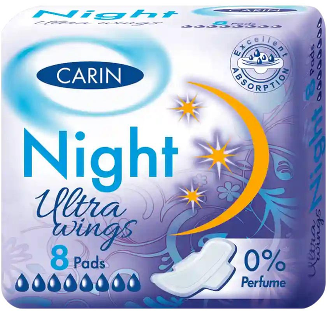 Podpaski higieniczne Carin Ultra Wings Night na noc 8 szt (8594004300867) - obraz 1