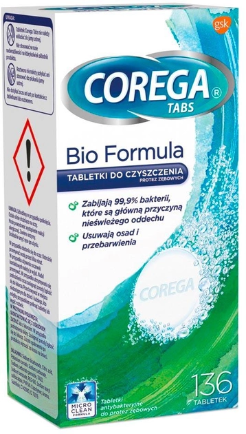 Tabletki do czyszczenia protez zębowych Corega Tabs Bio Formula 136 szt (8590335002388) - obraz 1