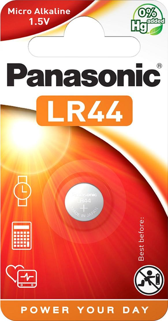 Батарейка Panasonic лужна LR44 (A76, AG13, G13A, PX76, GP76A, RW82) блістер, 1 шт (LR-44EL/1B) - зображення 1