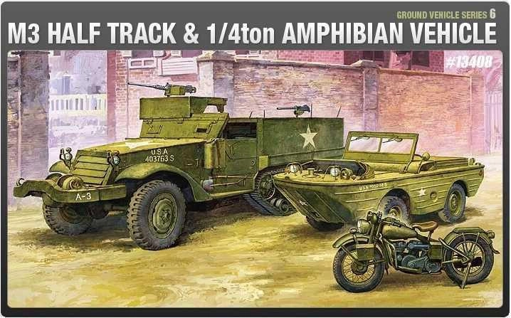 Збірна модель Academy WWII US M3 Half Track 1/4 Ton Amphibian Vehicle & Motorbike масштаб 1:72 (0603550134081) - зображення 2