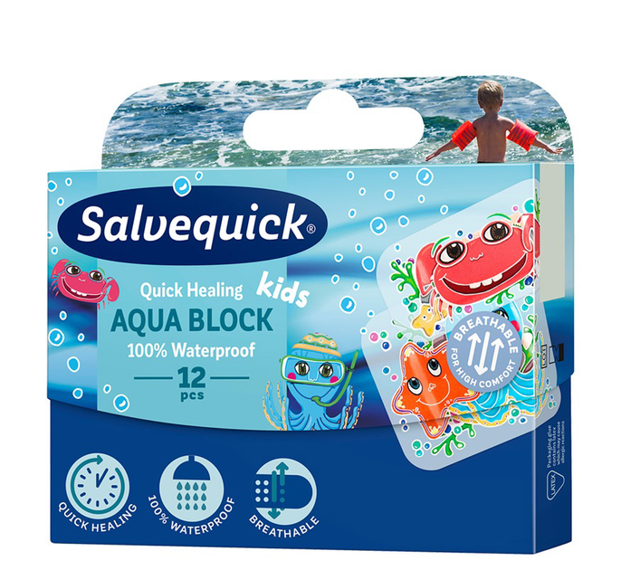 Пластир Salvequick Aqua Block Kids водонепроникний для дітей 12 шт (7310616219240) - зображення 1