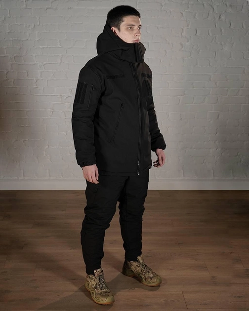 Зимняя военная форма SoftShell с утеплителем ХОЛОСОФТ черный костюм водонепроницаемый бушлат с капюшоном и брюки M - (48) - изображение 2
