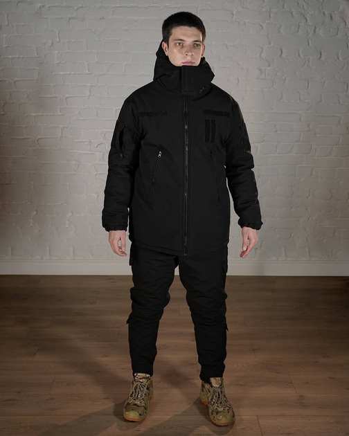 Зимняя военная форма SoftShell с утеплителем ХОЛОСОФТ черный костюм водонепроницаемый бушлат с капюшоном и брюки XL - (52) - изображение 1