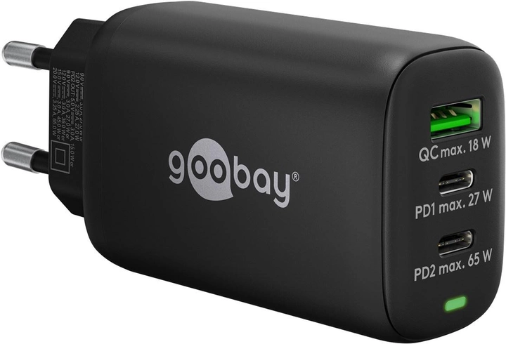 Багатопортовий зарядний пристрій Goobay Wentronic 3x Quick Charger 65 Вт 2x USB-C 1x USB-A Чорний (4040849617607) - зображення 1