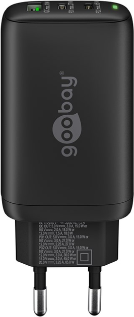 Багатопортовий зарядний пристрій Goobay Wentronic 3x Quick Charger 65 Вт 2x USB-C 1x USB-A Чорний (4040849617607) - зображення 2