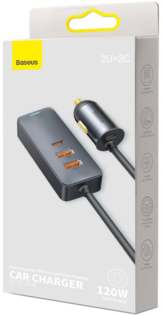 Ładowarka samochodowa Baseus Share Together PPS z przedłużaczem 120 W (2 USB, 2 USB-C) Szara (CCBT-A0G) - obraz 6
