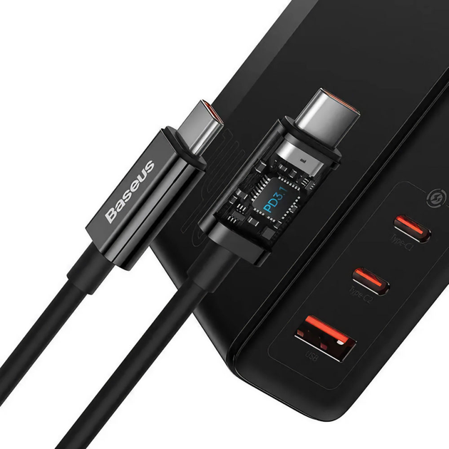 Ładowarka sieciowa Baseus GaN5 Pro 140W (2 x Type-C + USB) + Kabel Type-C + Type-C) Czarna (CCGP100201) - obraz 4