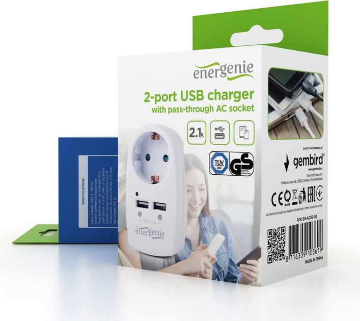 Мережевий зарядний пристрій EnerGenie 2х USB 2.1A (EG-ACU2-02) - зображення 3