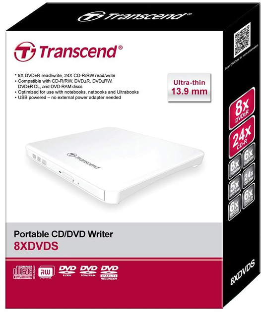Nagrywarka DVD±RW Transcend TS8XDVDS-W USB 2.0 External Ultra Slim White Retail - obraz 2