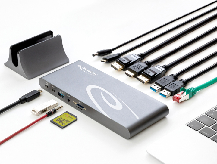 Stacja dokująca Delock 2xDisplayPort/HDMI/3xUSB3.2/RJ45 Ethernet/Audio/2xUSB-C Grey (4043619877720) - obraz 6